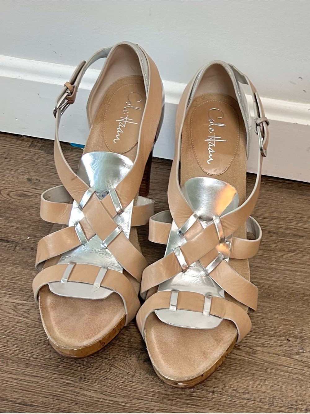 Cole Haan|Nude and Mirror Silver Strappy Platform Sandals sz 10.5